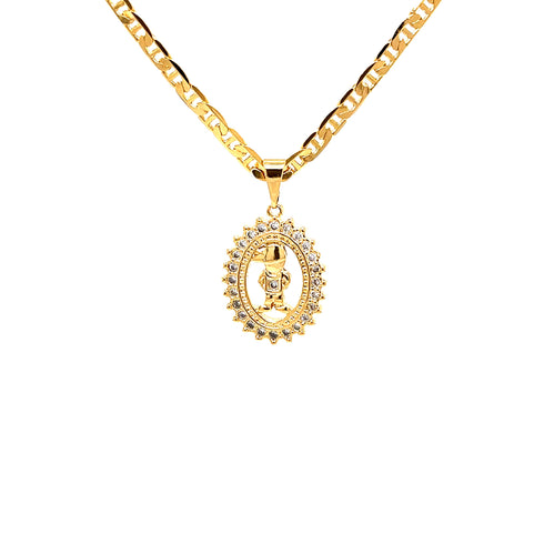Introducing the Little Son for Mother's Day Pendant Necklace, crafted with a 14k gold-filled Mariner chain. This exquisite piece features an oval pendant adorned with a detailed figure in the center, encircled by a border of sparkling stones. The glossy finish on the necklace enhances its elegance, making it an ideal gift for Mother's Day.