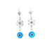 The Blue Evil Eyes Silver plated and Zirconia stones Dangle Earrings, adorned with intricate floral designs and shimmering zirconia stones, elegantly captured against a plain white background.