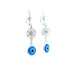 Blue Evil Eyes Silver plated Dangle Earrings embellished with zirconia stones, featuring intricate round designs and a dangling blue and white evil eye charm.