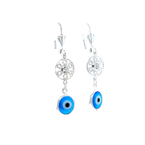 A set of Blue Evil Eyes Silver-plated and Zirconia stones Dangle Earrings showcases intricate silver filigree design, adorned with blue evil eye beads. Delicate zirconia stones enhance their sparkle as they dangle elegantly from silver hooks against a simple white background.