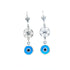 Introducing the Blue Evil Eyes Silver Plated and Zirconia Stones Dangle Earrings, featuring intricate circular filigree designs with sparkling zirconia stones. Each earring is adorned with a blue evil eye charm at the bottom for a mystical touch, while decorative hooks provide an elegant finish.