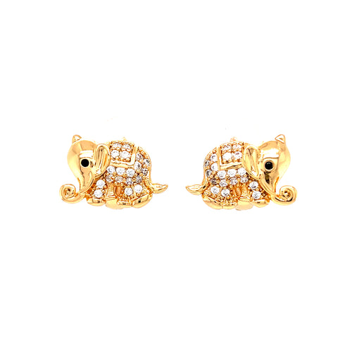 Elephant made of Zirconia Stones Huggie Earrings in rose gold fill showcase raised trunks and intricate designs, against a plain white background.