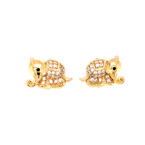 A pair of rose gold filled huggie earrings, fashioned in the shape of elephants and embellished with small white zirconia stones, set against a plain white background. The intricate design features elegantly curled trunks and detailed ears for an added touch of sophistication.