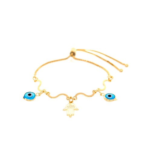 The Light Blue Evil Eye and Hamsa Hand Charms Bracelet Adjustable Snake Chain Link showcases a beautiful design with a central Hamsa hand charm, paired with two protective blue evil eye charms. Each component is meticulously crafted in 14k gold-filled metal, set against a clean white backdrop for an elegant finish.