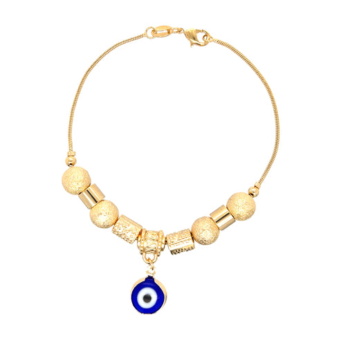 Introducing the Blue Evil Eye Charm Bracelet: a beautifully crafted 14k gold-filled piece featuring textured beads and a central blue evil eye charm. Designed with an elegant snake chain link and secured with a convenient lobster clasp, this bracelet balances style and security.