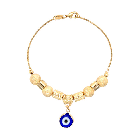 Introducing the Blue Evil Eye Charm Bracelet, designed with a 14k gold-filled snake chain link adorned with textured round and cylindrical beads and highlighted by an enchanting blue evil eye charm at its center.