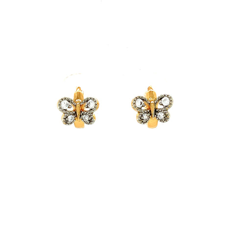 The Butterfly and Zirconia stones Huggies earrings in rose gold filled are exquisitely displayed against a plain white background, showcasing their sparkling zirconia gemstones.