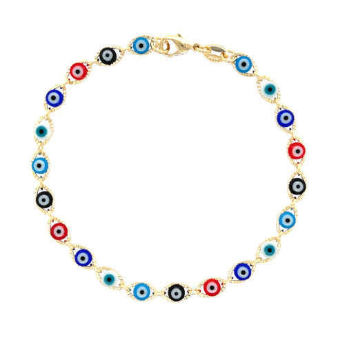 The Multicolor Evil Eye Charm Bracelet in Light Blue, Red, Dark Blue, Black, and White showcases a delicate chain of small charms linked with 14k gold-filled craftsmanship. This bracelet provides not only style but also spiritual protection through its thoughtful design.