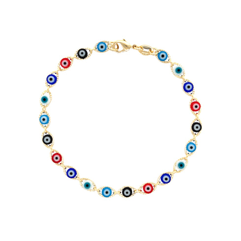 Explore the Multicolor Evil Eye Charm Bracelet in Light Blue, Red, Dark Blue, Black, and White—an elegant 14k gold-filled accessory crafted for spiritual protection. This beautiful bracelet showcases alternating tiny eye motifs in a variety of colors and is completed with a secure lobster clasp fastening.