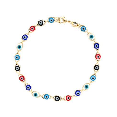 The Multicolor Evil Eye Charm Bracelet Light Blue Red Dark Blue Black and White is crafted from 14k gold-filled material and showcases vibrant eye-shaped charms in red, dark blue, black, light blue, and white. Designed for spiritual protection, it includes a secure clasp fastening for everyday wear.