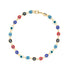 The Multicolor Evil Eye Charm Bracelet Light Blue Red Dark Blue Black and White is crafted from 14k gold-filled material and showcases vibrant eye-shaped charms in red, dark blue, black, light blue, and white. Designed for spiritual protection, it includes a secure clasp fastening for everyday wear.