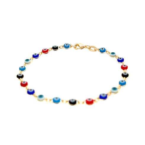 A delicate bracelet named "Multicolor Evil Eye Charm Bracelet" is crafted from 14k gold-filled chain and adorned with charms in shades of light blue, red, dark blue, black, and white for spiritual protection. The piece is clasped at the top center of the image.