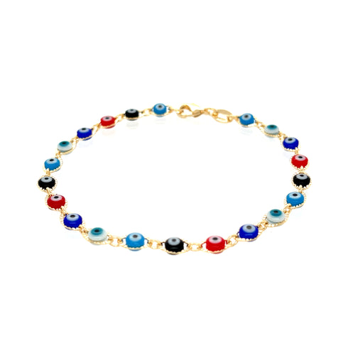 Explore the charm of the Multicolor Evil Eye Charm Bracelet, crafted with 14k gold-filled links. This elegant piece includes small, round beads in light blue, red, dark blue, black, and white, each displaying an eye design for spiritual protection. It is completed with a petite clasp for secure wear.