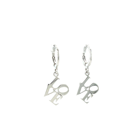 Love word Huggie drop earrings in white gold filled, showcasing dangling "LOVE" letters. Each earring features a minimalist hoop with the word "LOVE" inscribed beneath it in a bold, modern font, offering a sleek and contemporary design.