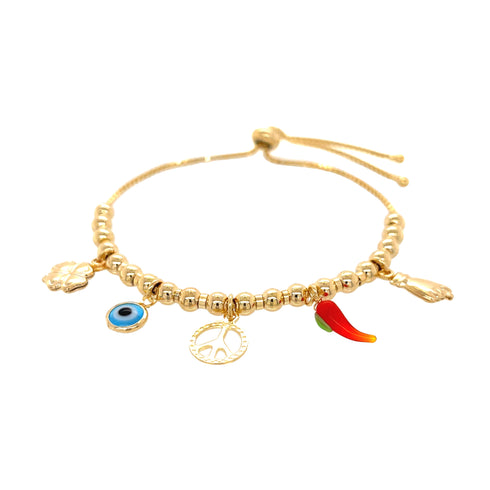 The Mega Lucky Charm Adjustable Bracelet showcases a collection of gold beads with charms that symbolize spiritual protection and good luck, including a four-leaf clover, an evil eye, a peace sign, a chili pepper, and a hand gesture. It is designed with an adjustable sliding knot closure.