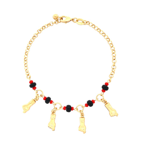 Introducing the "4 Figa Hand Charms Bracelet": This exquisite 14k gold-filled bracelet showcases a chain link design, embellished with small foot charms and Figa Hand charms known for spiritual protection. The piece is adorned with black and red beads, completing its elegant look and it closes securely with a clasp.