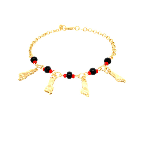 Product Name: 4 Figa Hand Charms Bracelet | Spiritual Protection & Luck
Description: A bracelet made of 14k gold-filled interconnected links, adorned with dangling gold Foot charms and black beads, enhanced by symmetrically placed Figa hand charms to offer spiritual protection.