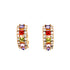 The Multi color Gemstone Zirconia Huggies Earrings in rose gold-filled feature a rectangular design adorned with vibrant red, purple, green, and pink gemstone zirconia. Elegantly surrounded by small white stones, these hypoallergenic earrings are beautifully showcased on a pristine white background.