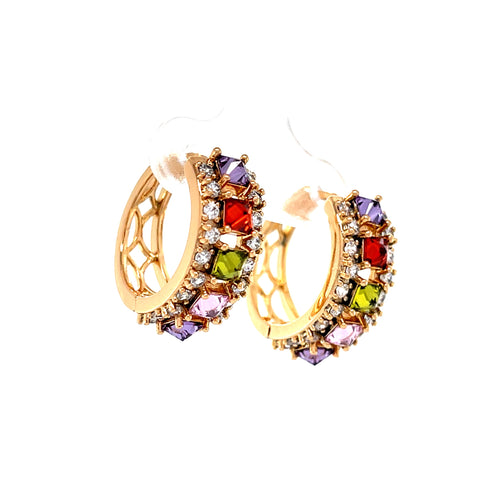 The Multi color Gemstone Zirconia Huggies Earrings in rose gold filled offer a stunning array of purple, red, green, and pink zirconia gemstones accented by clear crystals. These hypoallergenic earrings feature an intricate geometric lattice design that is visible on the inside.