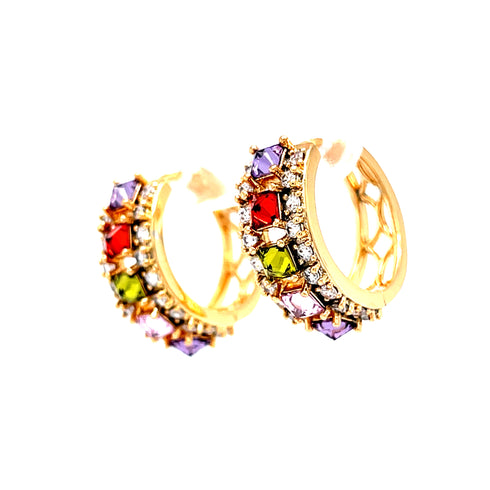 The Multi color Gemstone Zirconia Huggies Earrings, made from rose gold-filled material, showcase a lattice-like pattern adorned with purple, red, green, and clear gemstone zirconia. These hypoallergenic and intricately designed earrings are elegantly presented against a white background.
