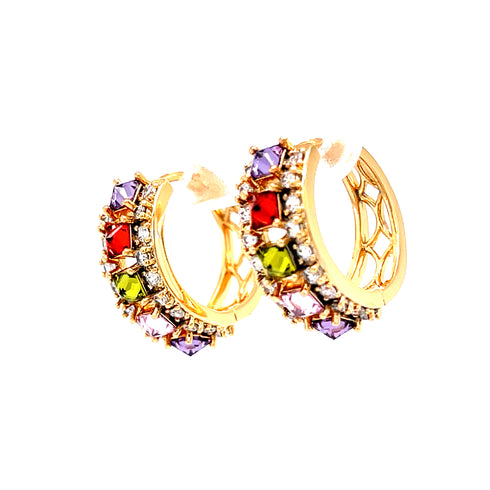 The Multi color Gemstone Zirconia Huggies Earrings in rose gold-filled are hypoallergenic and showcase vibrant square gemstones in shades like red, purple, and green. Accented with small clear stones, these stunning earrings are elegantly set against a white background.