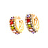 These Multi color Gemstone Zirconia Huggies Earrings in rose gold filled are embellished with a vibrant array of zircons in red, purple, green, and pink, complemented by small white crystals. They feature a unique grid pattern adorned with gemstones and showcase an intricate lattice design on the sides. Ideal for sensitive ears due to their hypoallergenic properties.
