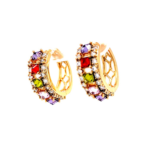 The Multi-color Gemstone Zirconia Huggies Earrings, crafted in rose gold-filled material, showcase a honeycomb design embellished with vibrant zirconia gemstones in shades of purple, red, and green. They are accented with small clear crystals and are hypoallergenic for sensitive ears, offering a gleaming appearance against a white background.