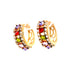 The Multi-color Gemstone Zirconia Huggies Earrings, crafted in rose gold-filled material, showcase a honeycomb design embellished with vibrant zirconia gemstones in shades of purple, red, and green. They are accented with small clear crystals and are hypoallergenic for sensitive ears, offering a gleaming appearance against a white background.