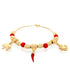 Introducing the "Lovely Elephant, Clover and Chili Lucky Charm Bracelet" crafted in 14k gold-filled material. This exquisite piece features textured beads, vibrant red beads, and three symbolic lucky charms: an elephant, a red chili pepper, and a four-leaf clover. Designed to offer spiritual protection, this elegant bracelet is beautifully showcased against a white background.