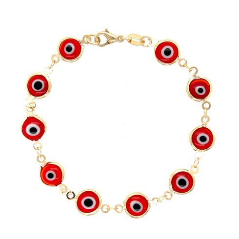 The Big Red Evil Eye Lucky Charm Bracelet 14k gold filled showcases a luxurious gold chain embellished with red and black evil eye charms, noted for their spiritual protective properties, all joined by chain links and finished with a reliable lobster clasp.