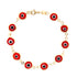 The Big Red Evil Eye Lucky Charm Bracelet 14k gold filled showcases a luxurious gold chain embellished with red and black evil eye charms, noted for their spiritual protective properties, all joined by chain links and finished with a reliable lobster clasp.