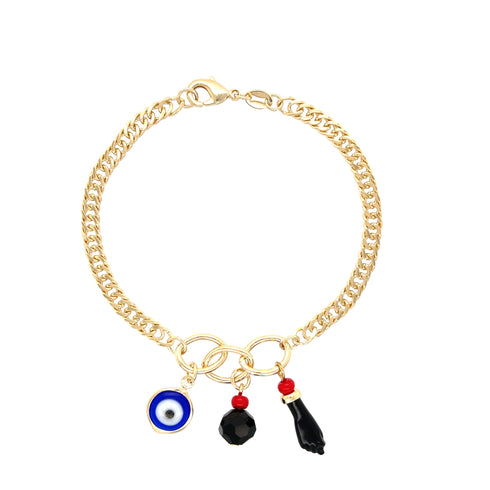 Explore the Blue Evil Eye Figa Hand Curb Chain with 3 Lucky Charms, a stunning bracelet showcasing a gold chain adorned with three enchanting charms: a blue and white evil eye, an Azabache charm featuring a small red bead, and a black horn-shaped charm accented in red and gold.