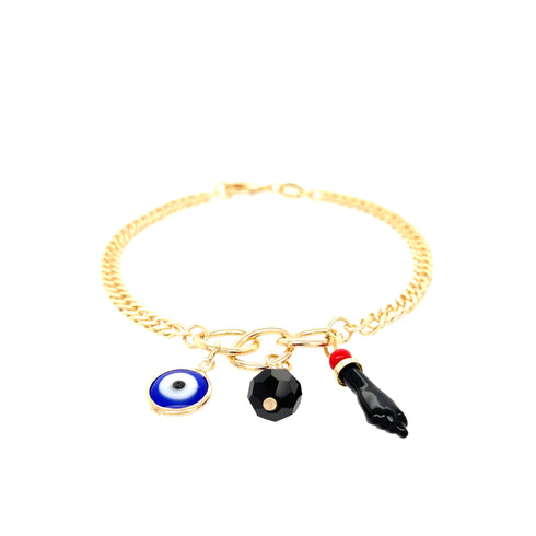 This Blue Evil Eye Figa Hand Curb Chain includes a gold band embellished with three mesmerizing charms: a blue and white Blue Evil Eye, a black faceted bead, and an Azabache horn-shaped charm accented with a vivid red band.