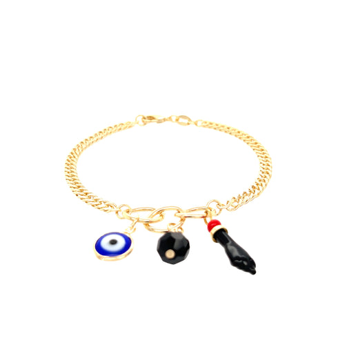 The Blue Evil Eye Figa Hand Curb Chain with 3 Lucky Charms bracelet features a gold chain adorned with three captivating charms: a blue and white evil eye, a faceted black bead, and an Azabache charm shaped like a small black hand. It is elegantly displayed against a plain white background.