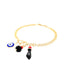 Discover the captivating elegance of the Blue Evil Eye Figa Hand Curb Chain with 3 Lucky Charms: a gold chain featuring unique charms, such as a stunning blue and white evil eye, a sleek black faceted bead, and an Azabache charm artistically shaped by hand with a bold red accent. Presented gracefully against a white background.