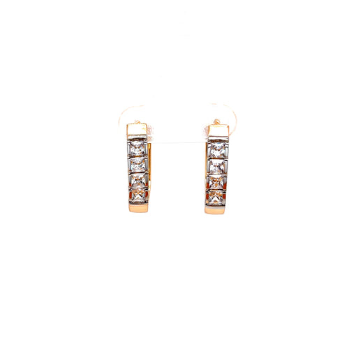 A pair of stylish Huggies earrings designed in rose gold-filled metal, showcasing square cubic zirconia stones that glisten beautifully against a white backdrop.