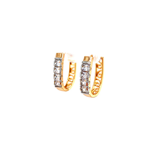 A pair of Huggies Earrings with 4 cubic zirconia stones in rose gold-filled finish, featuring a shiny appearance and showcased on a plain white background.