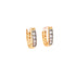 A pair of Huggies Earrings with 4 square-cut cubic zirconia stones, intricately designed with patterns on the sides and expertly crafted in rose gold-filled metal. These earrings are elegantly showcased against a white background.