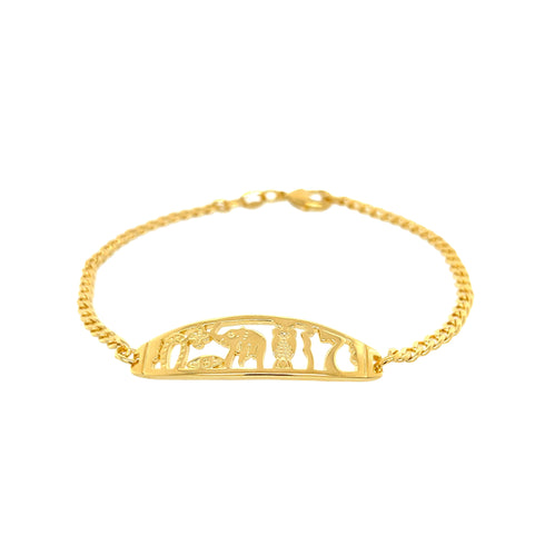 A 14k gold-filled bracelet featuring a curved plate with intricately cut-out designs, including an elephant, connected by a delicate Cuban curb link chain. Named the "7 Lucky Charm Plate Bracelet," it embodies symbols like the Horseshoe and Evil Eye for a touch of fortune.
