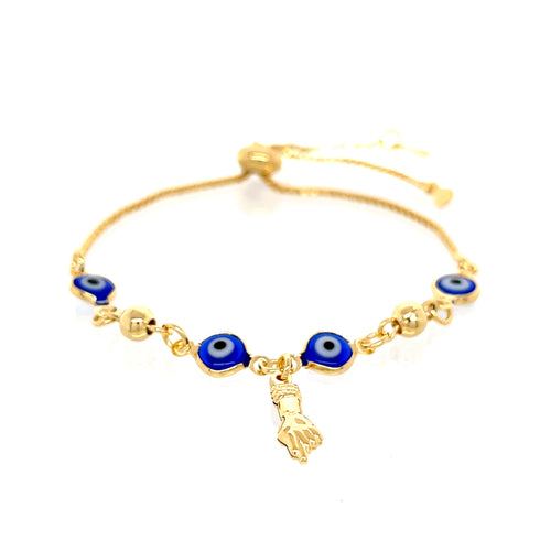The Blue Evil Eye and Figa Hand Charm Bracelet Adjustable Box Chain Link stands out with its gold bracelet design, featuring blue evil eye and white circular beads that showcase spiritual symbolism. An adjustable chain enhances its fit, while a central figa hand charm adds a mystical touch. The bracelet is elegantly set against a white background.