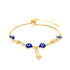 The Blue Evil Eye and Figa Hand Charm Bracelet Adjustable Box Chain Link stands out with its gold bracelet design, featuring blue evil eye and white circular beads that showcase spiritual symbolism. An adjustable chain enhances its fit, while a central figa hand charm adds a mystical touch. The bracelet is elegantly set against a white background.