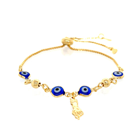 The Blue Evil Eye and Figa Hand Charm Bracelet features spiritual symbolism with red and blue evil eye charms intertwined with small gold beads, alongside a dangling figa hand charm. The adjustable box chain link allows for a custom fit, and it's showcased against a white background, exuding mystical allure.
