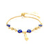 The Blue Evil Eye and Figa Hand Charm Bracelet features spiritual symbolism with red and blue evil eye charms intertwined with small gold beads, alongside a dangling figa hand charm. The adjustable box chain link allows for a custom fit, and it's showcased against a white background, exuding mystical allure.