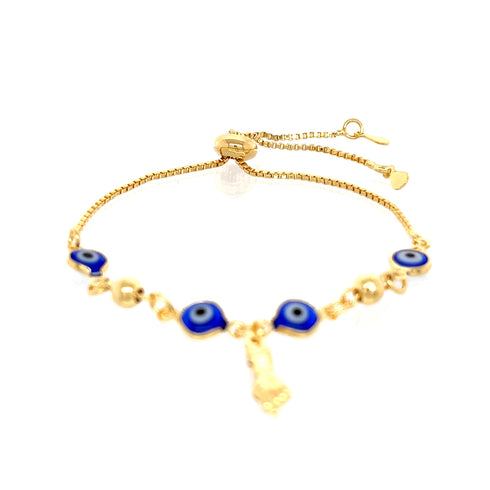 The Blue Evil Eye and Figa Hand Charm Bracelet Adjustable Box Chain Link features eye-shaped beads in blue and white that symbolize protection, alongside gold balls and a small Figa Hand charm. It is designed with a sliding closure for easy adjustment.