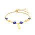 The Blue Evil Eye and Figa Hand Charm Bracelet Adjustable Box Chain Link features eye-shaped beads in blue and white that symbolize protection, alongside gold balls and a small Figa Hand charm. It is designed with a sliding closure for easy adjustment.