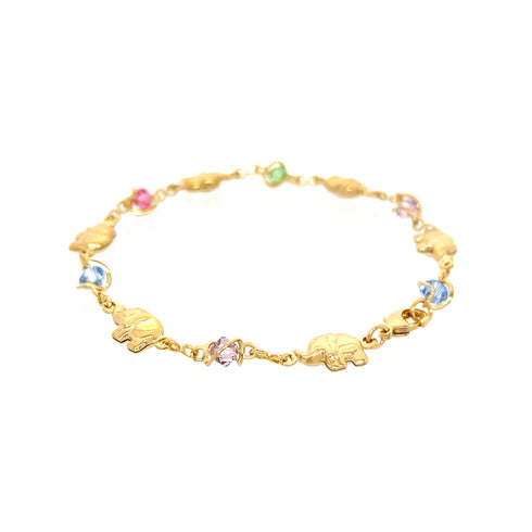 The Elephant Charms and Multicolor Birthstone Crystal Beads Bracelet in 14k gold filled is an exquisite piece featuring delicately arranged elephant-shaped links, enhanced with pastel pink, blue, and green crystal elements to symbolize spiritual protection.
