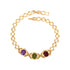 Introducing the Red Green and Purple Gemstone Link Bracelet, elegantly crafted with circular links and adorned with vibrant gemstones. Each stunning stone is set in decorative 18k gold-filled metal, ensuring it's both lead-free and nickel-free for your comfort.