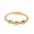The Red Green and Purple Gemstone Link bracelet, crafted in 18k gold-filled material, features a beautiful circular link design adorned with three large gemstones in striking purple, green, and red shades. Each gemstone is set in decorative settings, ensuring the bracelet remains lead and nickel-free for comfortable wear.