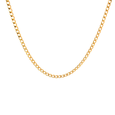 A 14k gold-filled 20-inch Cuban chain necklace with a 3mm curb link is displayed on a white background.