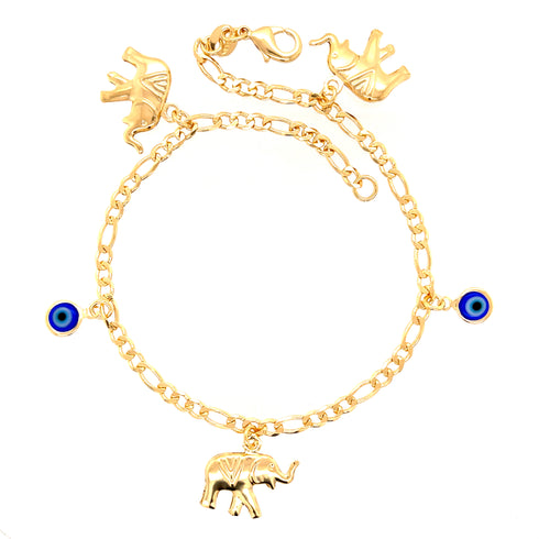 The Blue Evil Eye and Elephant Charm bracelet or anklet, crafted with a 14k gold-filled Figaro link chain, showcases three elephant charms and two blue evil eye charms, evenly distributed. Its elegant design is completed with a lobster clasp closure.